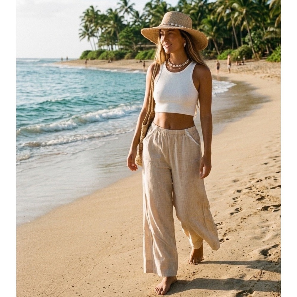 Cotton On Body Beige Beach Pants Sz XS Embroidered Wide Leg•Coconut Girl Vacay